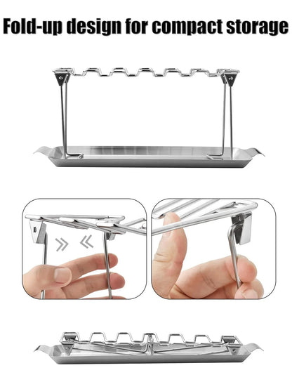 14-Slot Stainless Steel Chicken Leg Rack with Drip Tray – Heavy-Duty Grill & Smoker Wing/Drumstick Holder