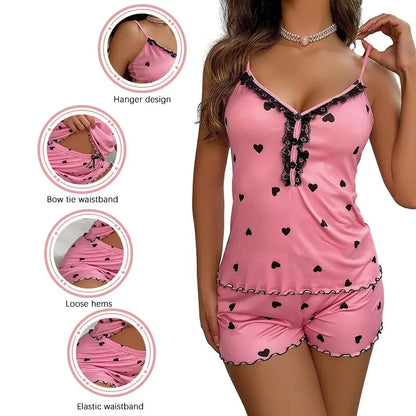 Summer Sexy Two-Piece Women's Pajama Set: Deep V-Neck Tops and Shorts Pajama Suit for Ladies Nightwear