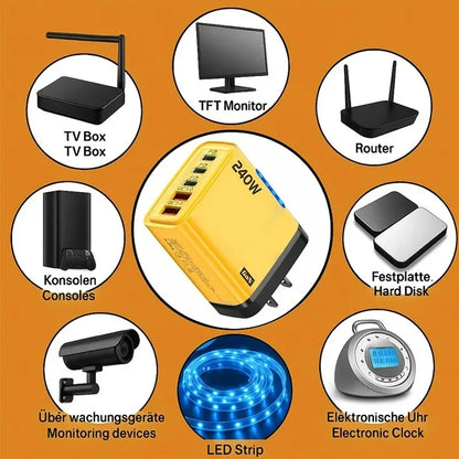 240W 5-in-1 GaN Fast Desktop Charger – USB-C Quick Charge 3.0 Adapter for iPhone Samsung Huawei