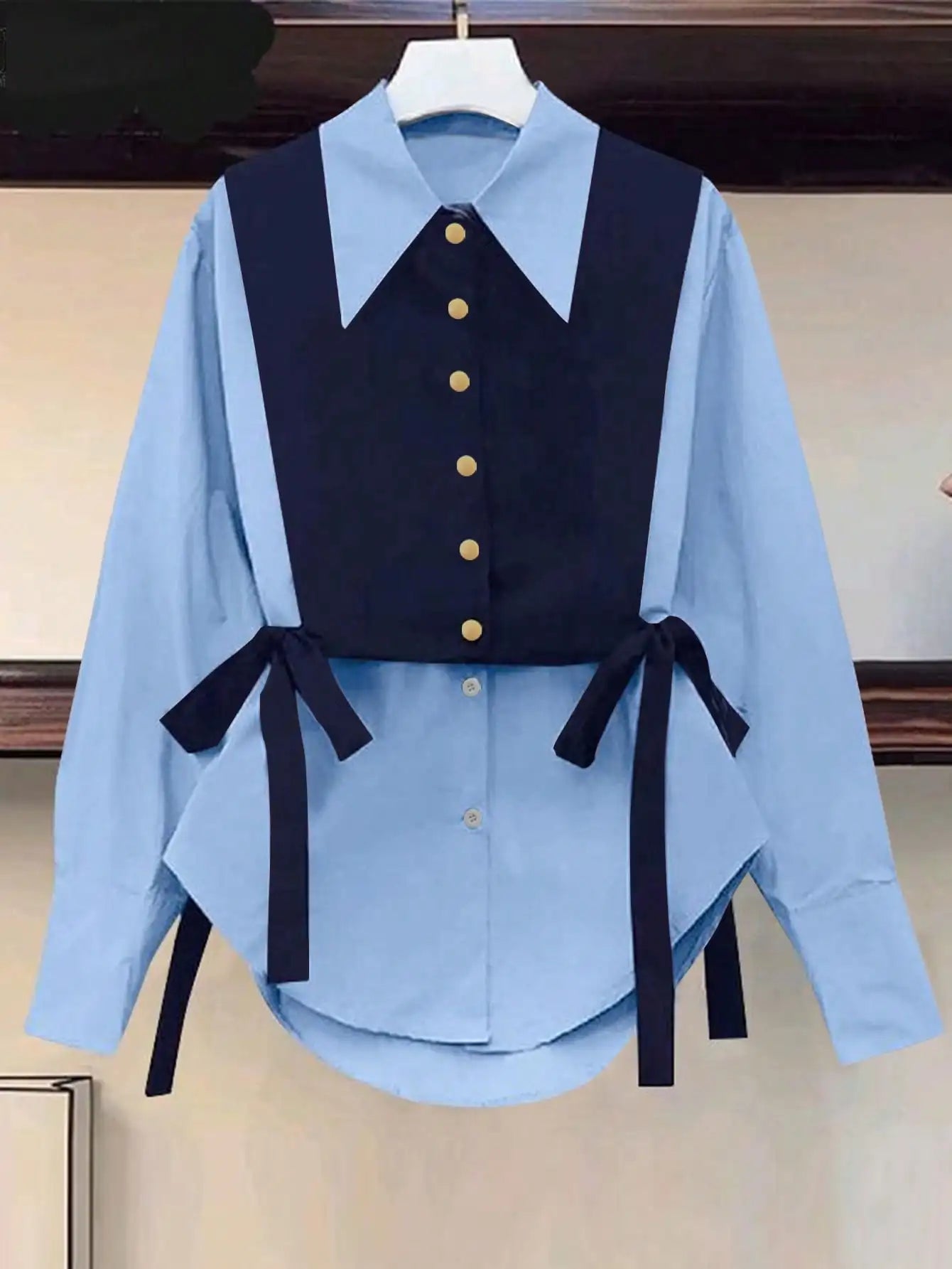 Women’s Colorblock Button-Front Shirt – Loose Fit Blouse with Tie Detail