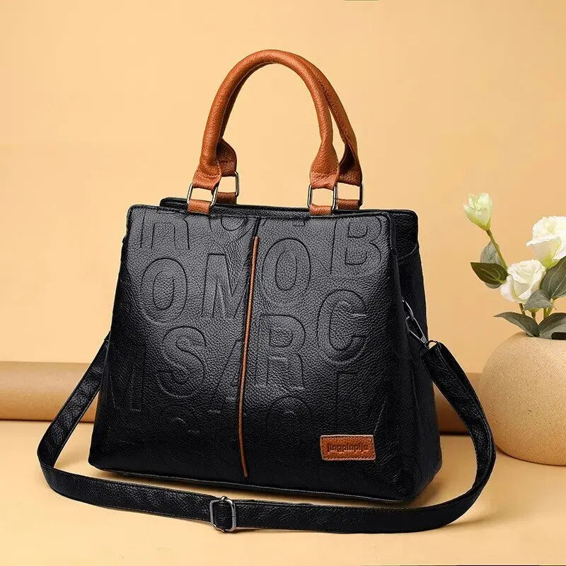 2023 New Fashion Large Capacity Shoulder Handbag - Solid Color, Soft Leather, Letter Embossed Ladies' Bag