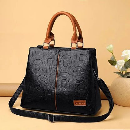 2023 New Fashion Large Capacity Shoulder Handbag - Solid Color, Soft Leather, Letter Embossed Ladies' Bag
