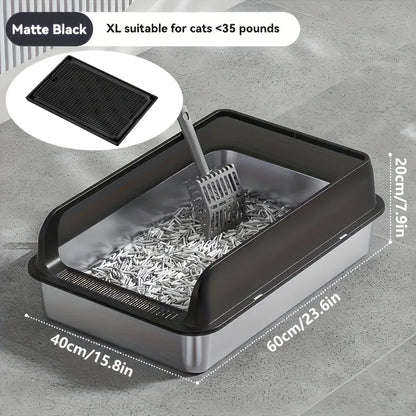 KEMORELA Extra Large Stainless Steel Cat Litter Box with Lid – Enclosed, High-Sided, Leak-Proof Litter Pan with Cat Litter Mat
