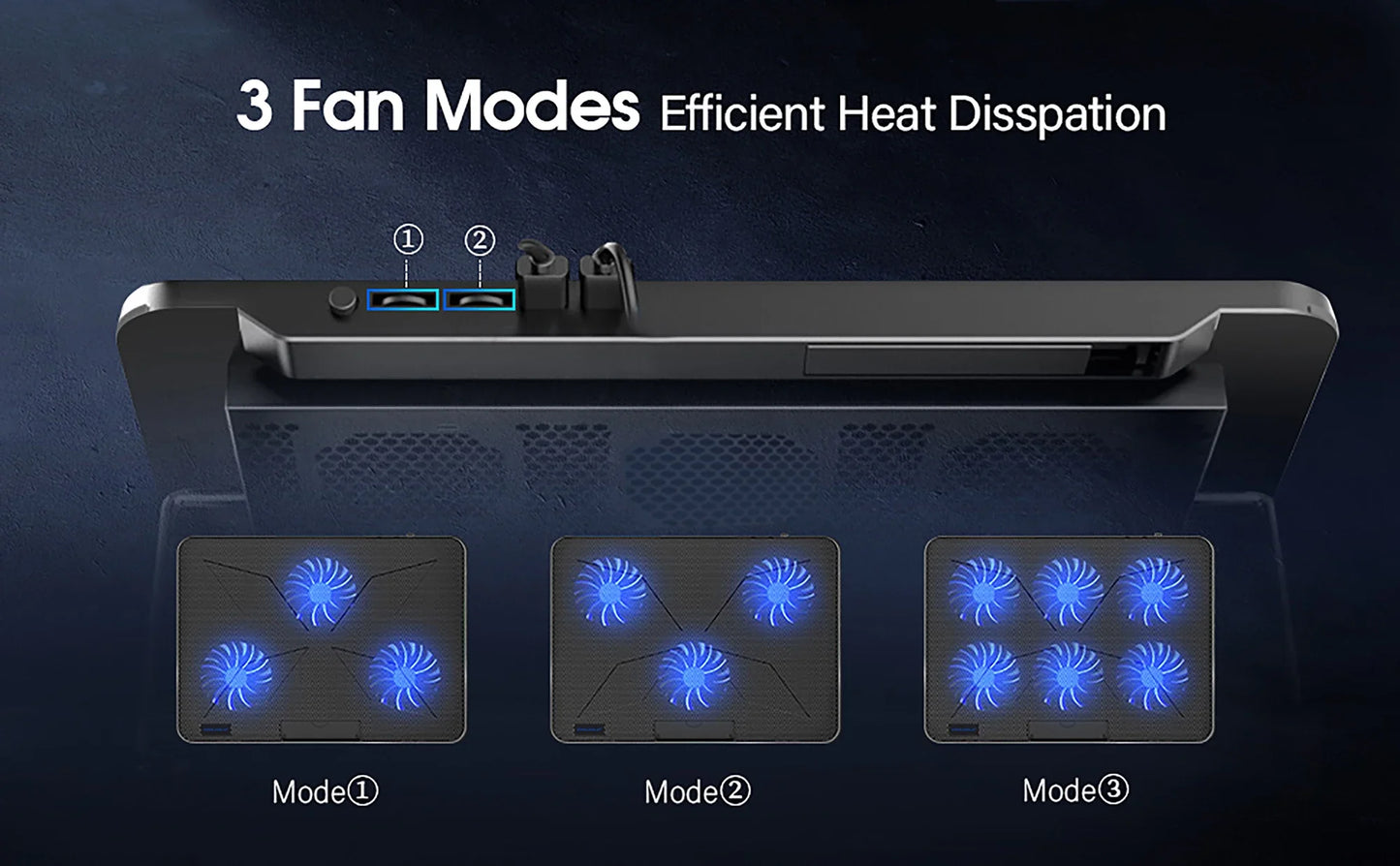 Coolcold Laptop Cooling Pad 15.6-17.3" — 6 Quiet Fans, 7 Adjustable Heights, Wind Speed Control with Mobile Phone Holder