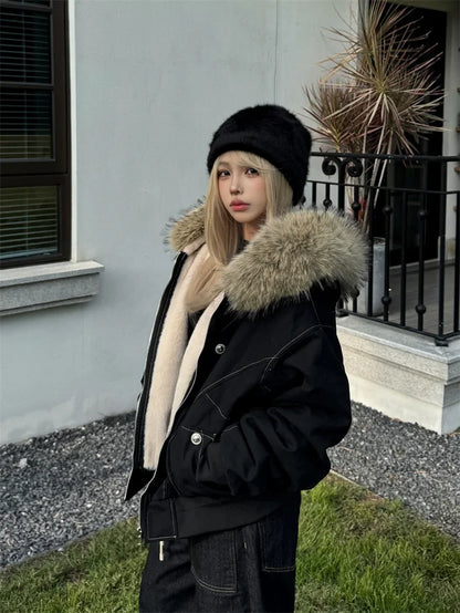 ZAROY Y2K Fur Collar Hooded Parka – Thick Padded Gothic Winter Jacket Streetwear for Men & Women