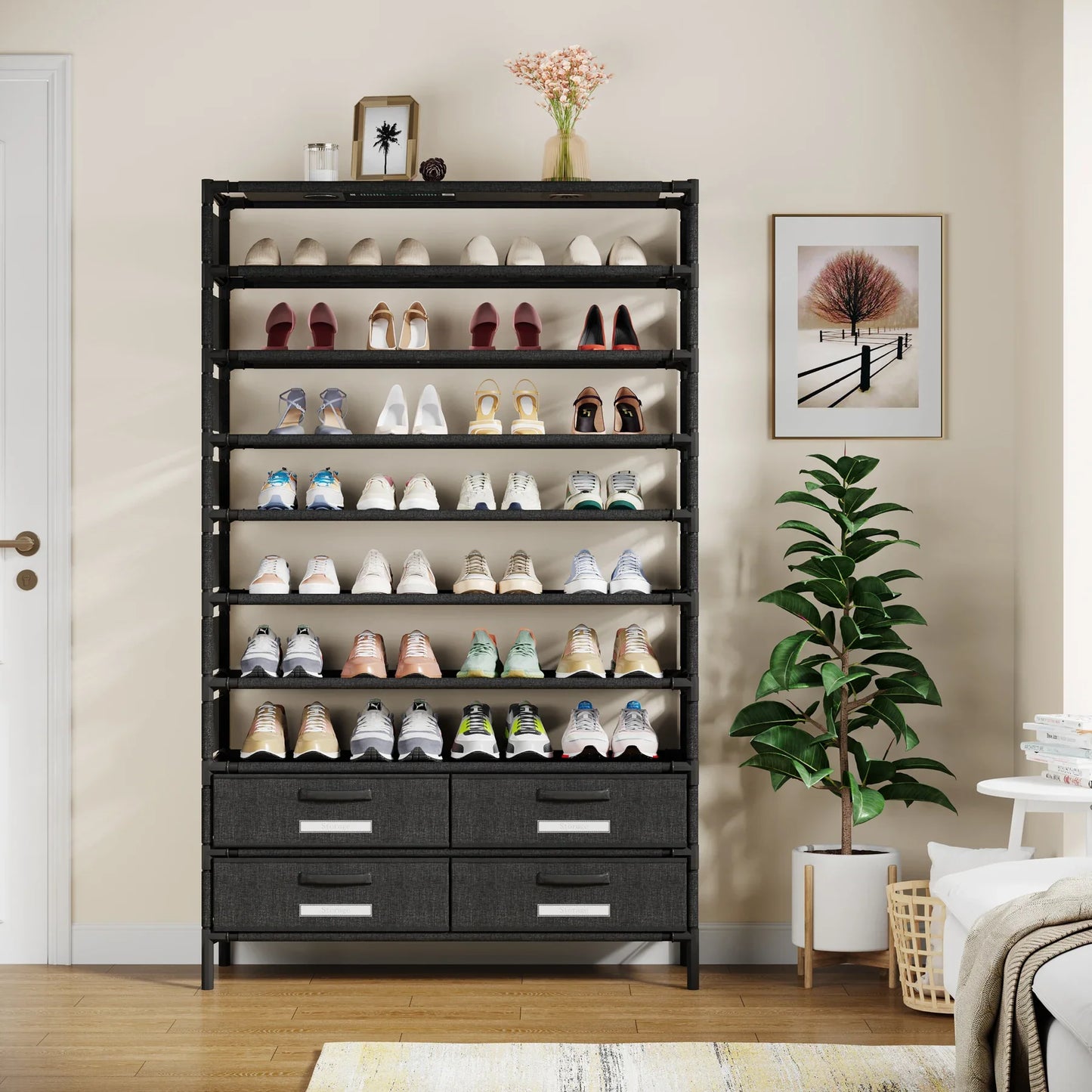 Tribesigns 10-Tier Shoe Rack Organizer – Vertical Shoe Shelf with 4 Drawer Bins, Holds 32 Pairs for Closet & Entryway