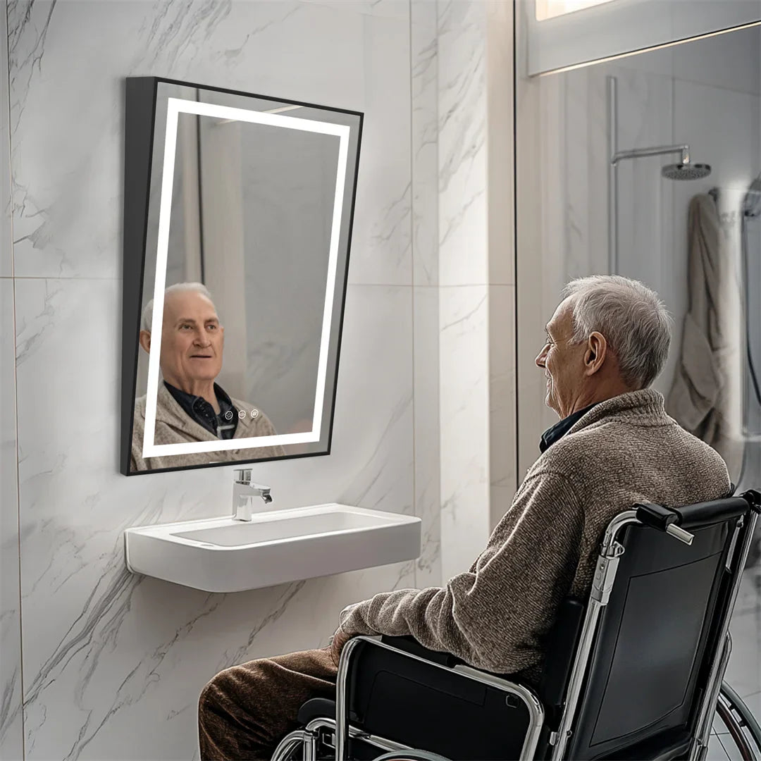 LUVODI LED Tilt Bathroom Mirror – Wheelchair Accessible Anti-Fog Barrier-Free Mirror with 3-Color Lights
