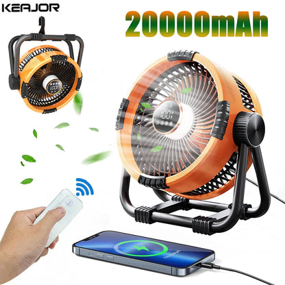 Camping Fan 20000mAh – Rechargeable Portable Outdoor Tent Fan with Air Circulator, Wireless Ceiling Fan, Hook, and Light