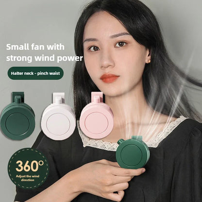 Mini Clip-On Hanging Waist & Neck Fan – Portable Leafless Electric Cooling Fan for Girls, 900mAh USB Rechargeable, 3-Speed Personal Air Cooler for Outdoor Use