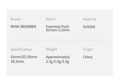 MHW-3BOMBER Espresso Puck Screen – 51/53/58.5mm Reusable Stainless Steel Coffee Filter, 0.8/0.2mm Thickness Coffee Tool