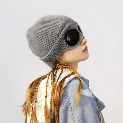 Winter Brimless Hat with Goggles: Unisex Solid Color Skull Knitted Headwear for Cold Weather