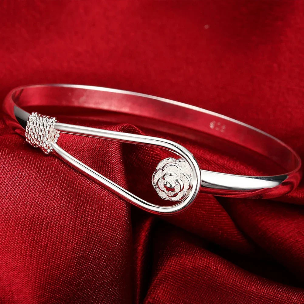 Women’s 925 Sterling Silver Open Cuff Bangle – Adjustable Charm Bracelet for Wedding Party Fashion Jewelry