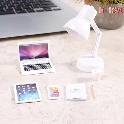 6–7PCS 1:12 Dollhouse Miniature Study Desk Set — Laptop, Phone, Tablet, Lamp & Books Scene Decor