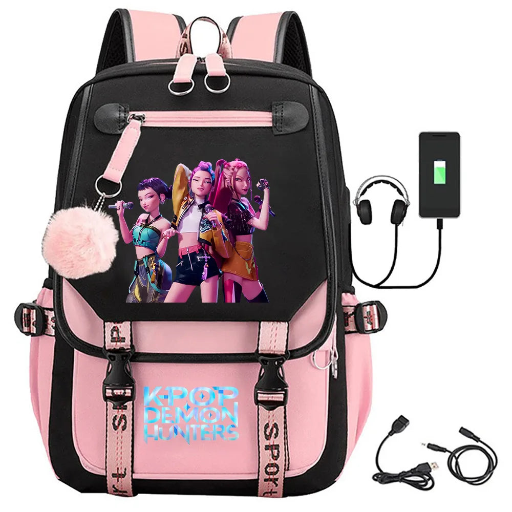 KPop Demon Hunters Print Backpack — Large Capacity School Bag for Rumi, Mira & Zoey Fans, Casual Canvas Travel & Bookbag