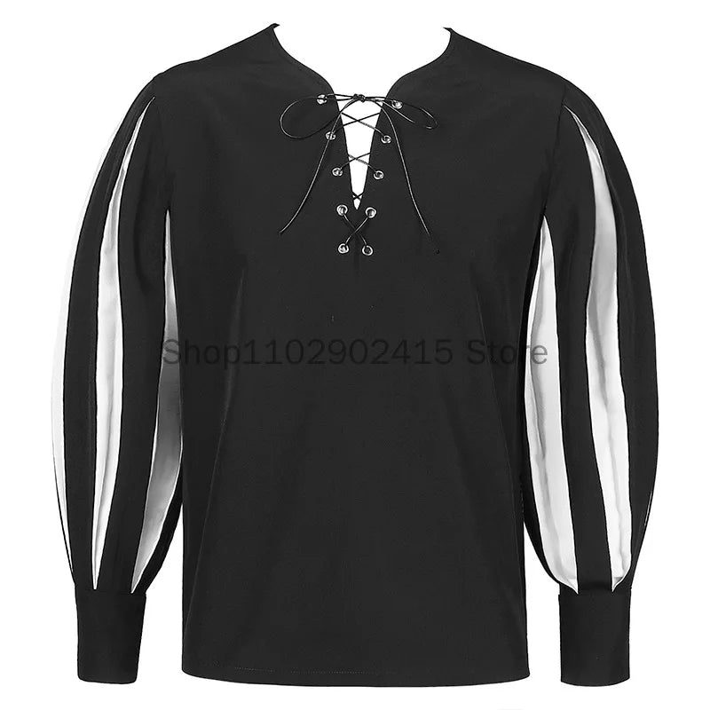 Men’s Medieval Warrior Tunic – Landsknecht Shirt, German LARP Pirate Lace-Up Top for Halloween & Renaissance Costume