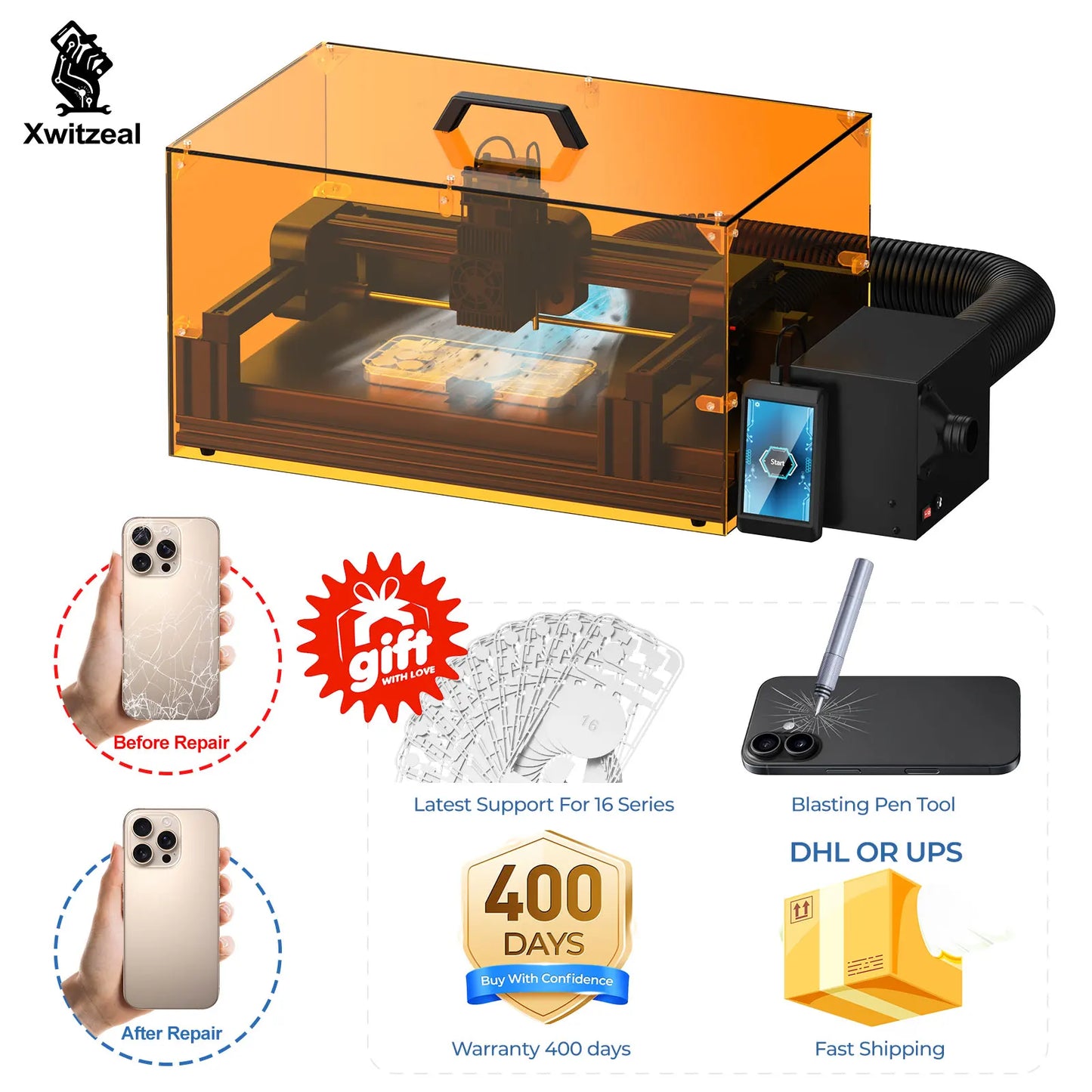 Xwitzeal V3 Laser Machine for iPhone 8-16 Series — Back Glass & Camera Lens Repair Kit with Housing Tools and Air Filter