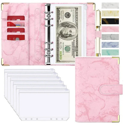 A6 Money Saving Organizer – PU Leather Budget Binder with Marble Notebook, 2023 Budget Planner, Envelope Office & School Supplies