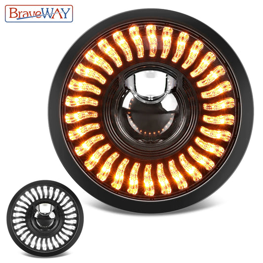 BraveWAY 5.75″ Round LED Motorcycle Headlight – White & Amber DRL with Gradient Halo Start-Up Welcome Light