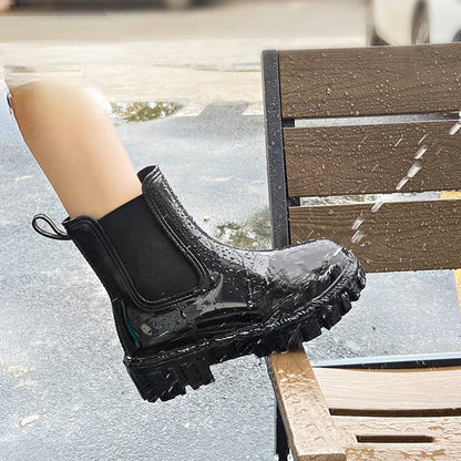 Women’s Shiny Color Fashion Rain Boots – Four-Season Waterproof Mid-Tube Ankle Outdoor Shoes