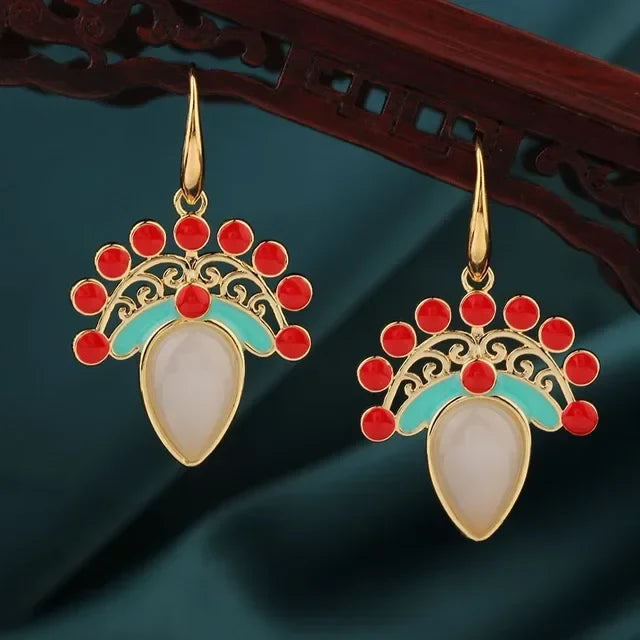 Vintage Flower Drop Earrings - Natural Stone Ethnic Jewelry for Women