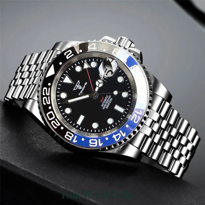 Tandorio 40mm Men’s Automatic Watch – NH34A Movement, GMT Function, Luminous Black Dial, Sapphire Crystal, Auto Date & Rotating Bezel