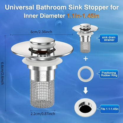 2-Pack Stainless Steel Pop-Up Sink Drain Strainer – Removable Basket Hair Catcher for Bathtub, Shower & Sink Clog Prevention
