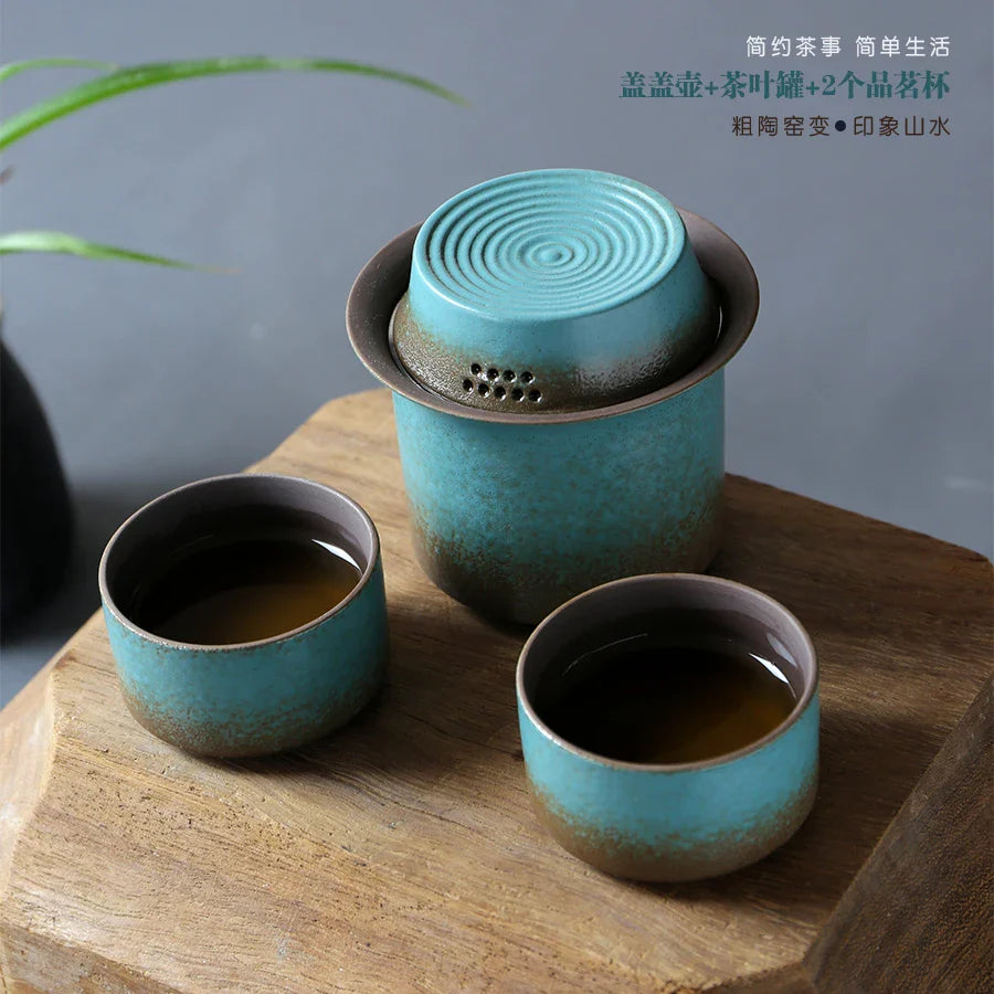 Kiln-Change Vintage Spring Green Pottery Tea Set – 1 Pot & 4 Cups, Simple Small Set for Outdoor or Tea Room