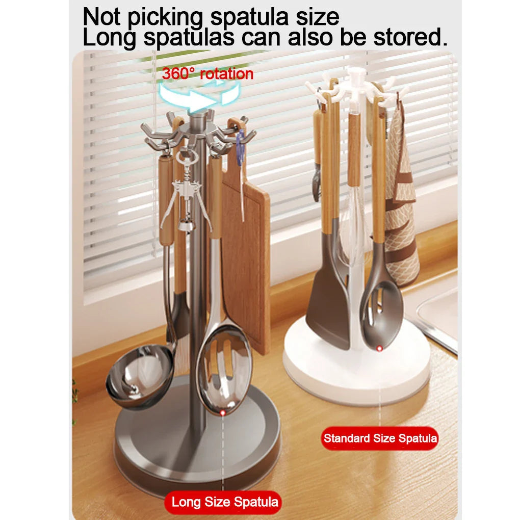 Rotating Kitchen Utensil Stand — 8-Hook Countertop Organizer for Cooking Tools