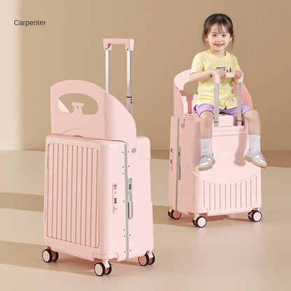 2025 Kids Suitcase with Seat & Charging Port – Baby Boarding Trolley Luggage with Safety Belts & Side Opening, 20/22/24 inch