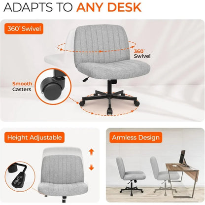 Adjustable Criss Cross Legged Armless Desk Chair - Ergonomic Swivel Reading Chair with Wheels for Bedroom Vanity