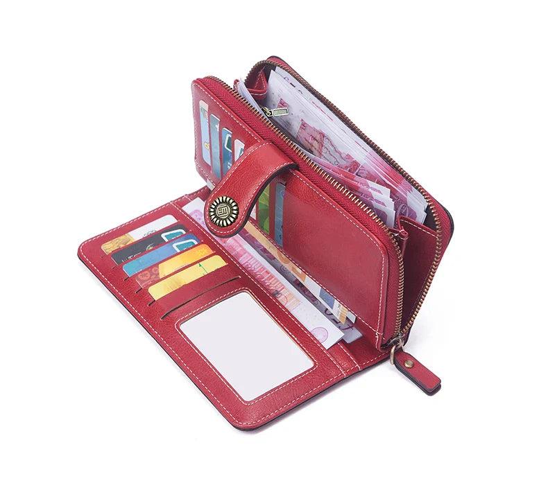 Vintage Large Capacity Women's Purse – Monochromatic Multi-Card Long Wallet with Zipper & Wrist Strap