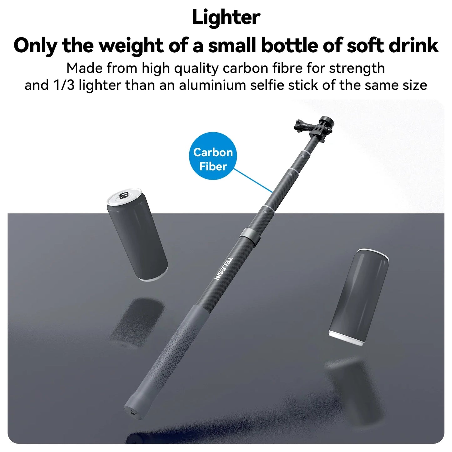 TELESIN 1.2M/3M Carbon Fiber Selfie Stick Monopod - Extendable with 1/4'' Screw for GoPro, Insta360, Osmo Action, DJI Action Camera