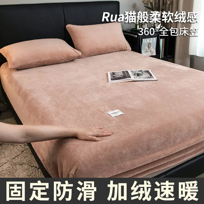 Soft Warm Plush Fitted Sheet – Elastic Coral Fleece Mattress Cover for Winter, Luxury Double Bed Bedding