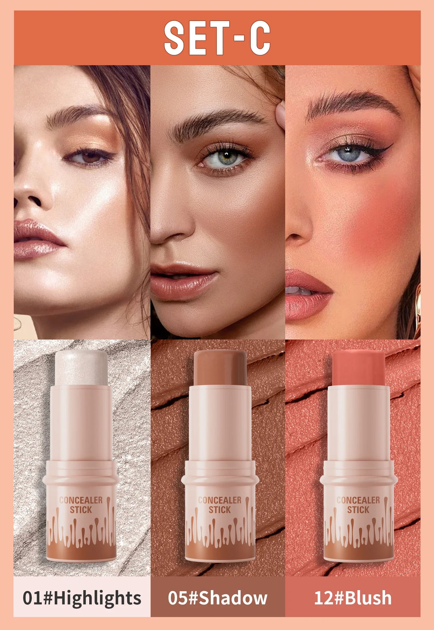 Contour Stick Set – Natural Matte Finish Highlighters & Shadow, Waterproof V-Face Shaping Contour Wand for Face Makeup