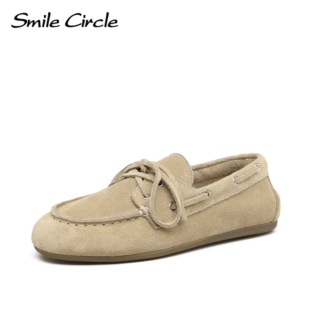 Smile Circle Women’s Genuine Leather Boat Shoes – Lace-Up Moccasins, Flat Casual Loafers