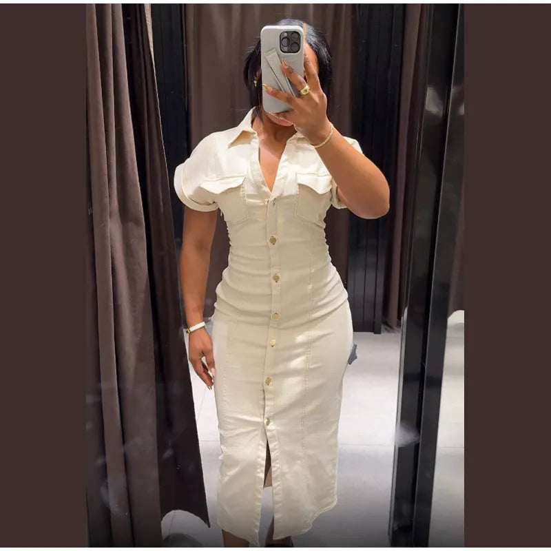 Women’s Chic White Denim Dress – Casual Lapel Long Slim Maxi, Single-Breasted Short Sleeve Summer Dress
