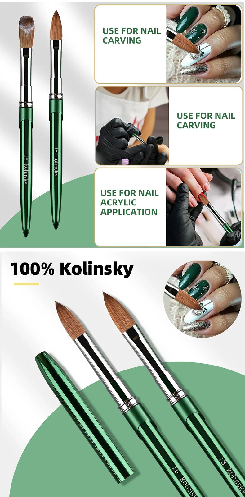 Kolinsky Acrylic Nail Brush — 100% Pure Metal Handle, Sizes 2-18 High-Quality Nail Tool