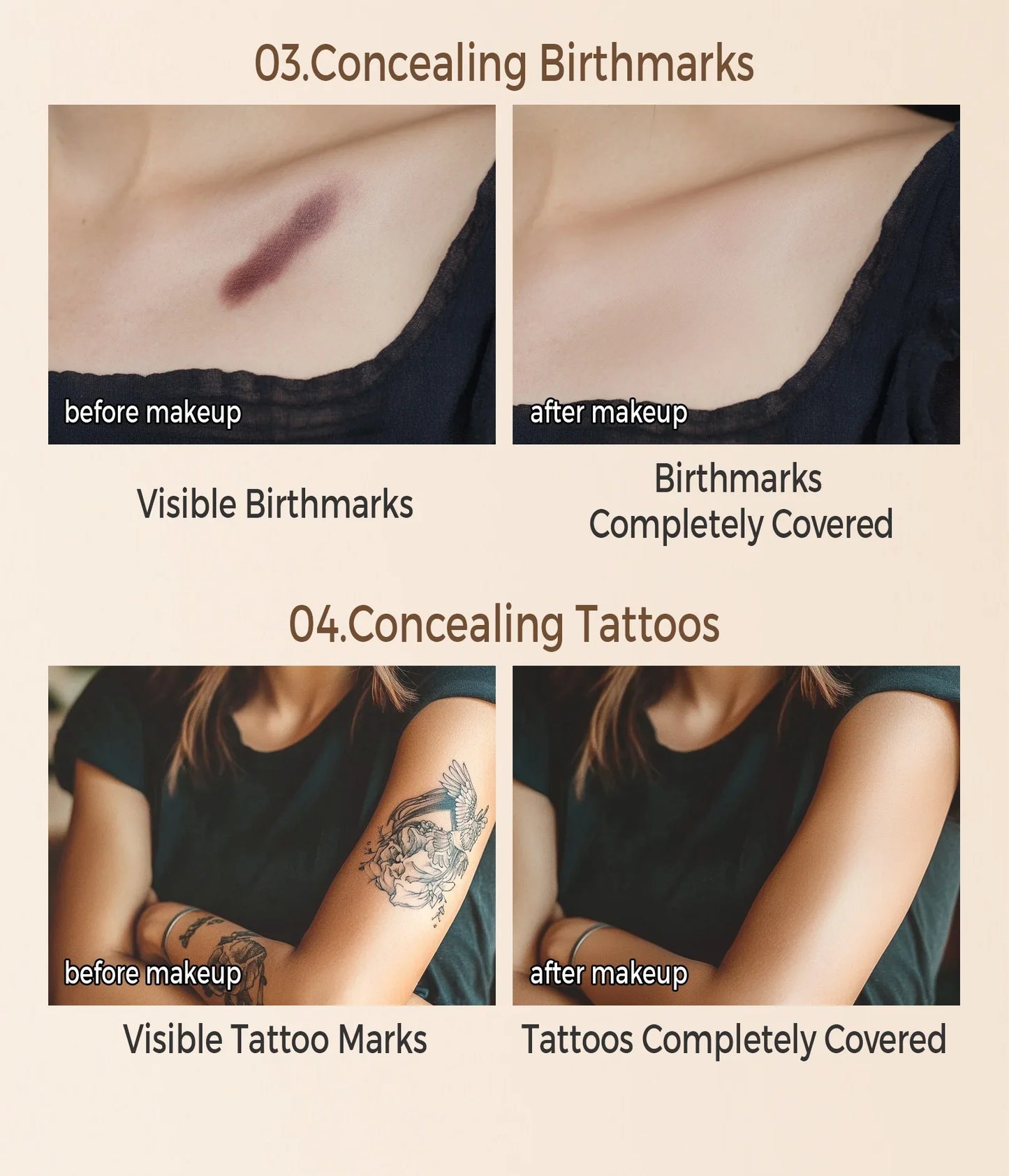 Waterproof Full-Coverage Concealer — Natural Finish Foundation for Tattoos, Scars, All Skin Tones & Types