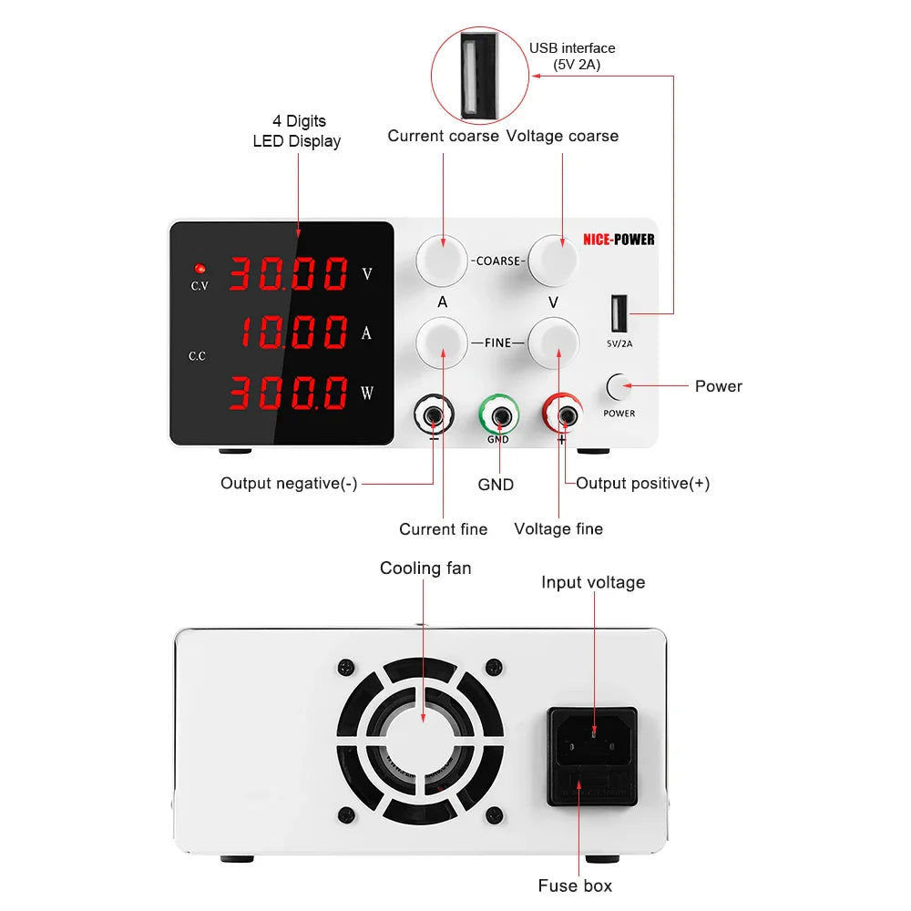 DC Programmable Power Supply — 30V 10A / 60V 5A / 120V Adjustable Laboratory Bench Source with 4-Set Memory Storage Functions