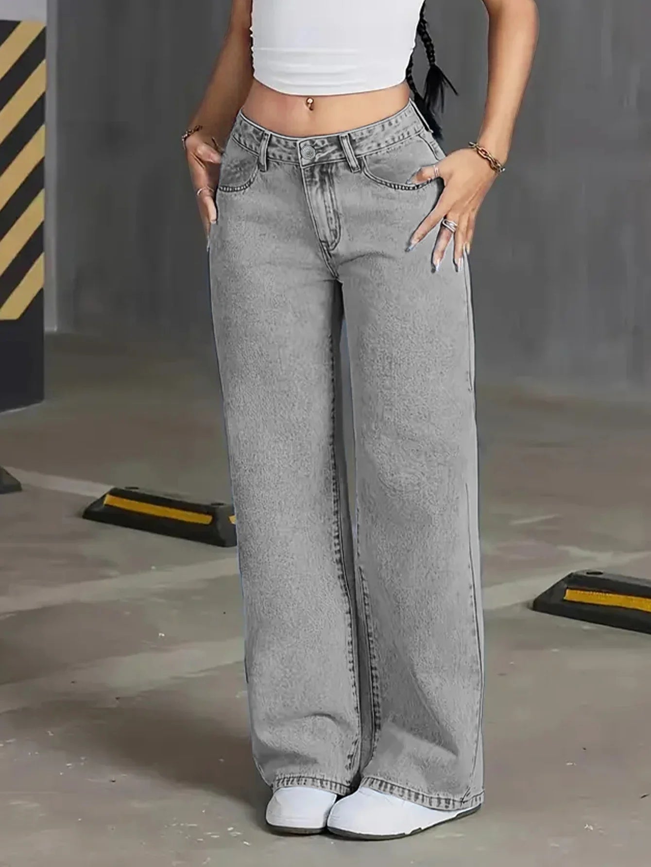 Women’s Autumn High-Waisted Wide-Leg Jeans – Light Grey Washed Loose-Fit Casual Denim Pants
