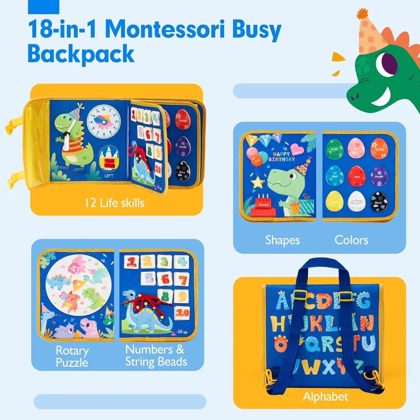 Montessori Toddler Busy Board – Dinosaur Dress-Up Sensory Toy for Learning Life Skills & Travel Backpack