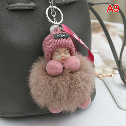 Cute Pompom Sleeping Baby Keychain - Fluffy Plush Doll Bag Charm, Key Ring & Gift for Women and Girls