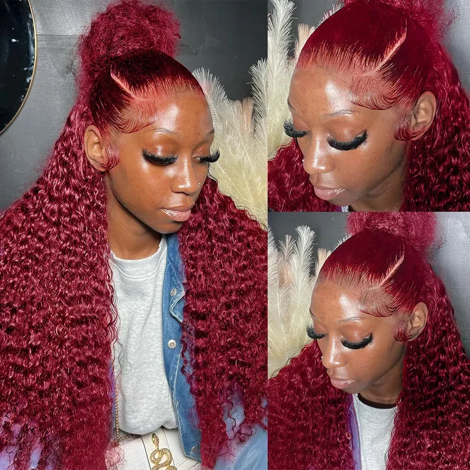 99J Burgundy Deep Wave Lace Front Wig – High Density Curly Red 13x6 HD Transparent Frontal Human Hair