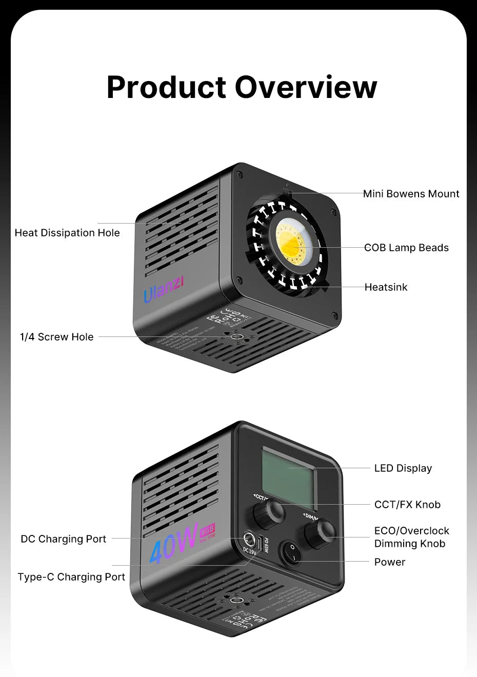Ulanzi L024 40W RGB Video Light – 2500-6500K Bi-Color, 0-359° RGB COB Light with Mini Bowens Mount & 3400mAh Fill Light