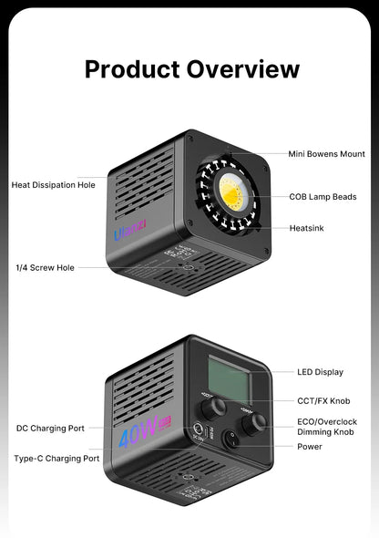 Ulanzi L024 40W RGB Video Light – 2500-6500K Bi-Color, 0-359° RGB COB Light with Mini Bowens Mount & 3400mAh Fill Light