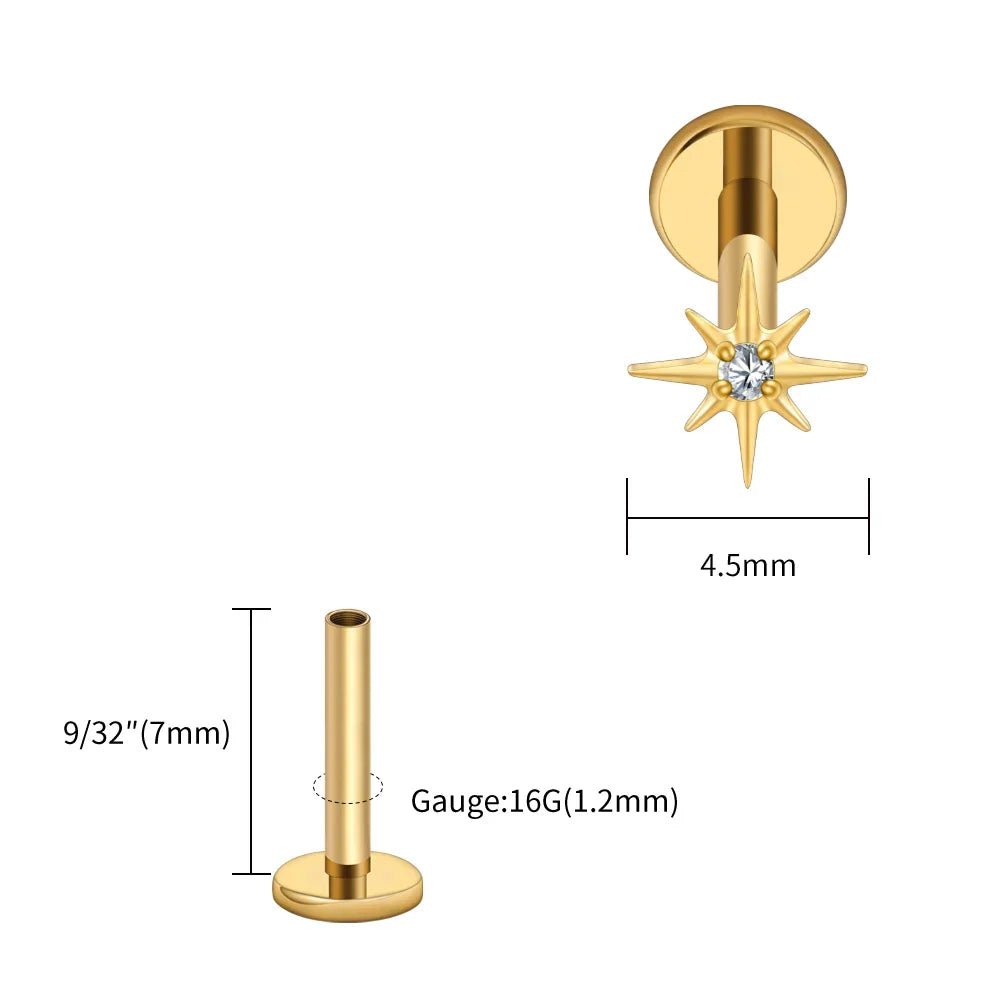 Right Grand ASTM F136 Titanium CZ North Star 16G Flat Back Earring – Tiny Starburst Helix, Cartilage & Earlobe Stud Piercing Jewelry