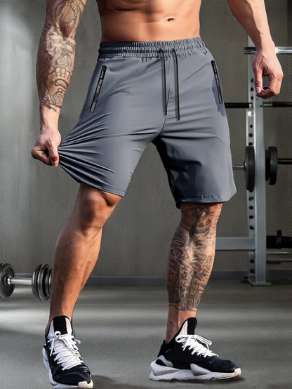 Men’s Solid Color Casual Shorts – Elastic Waist with Drawstring and Zipper Pockets, Loose Fit High Elasticity