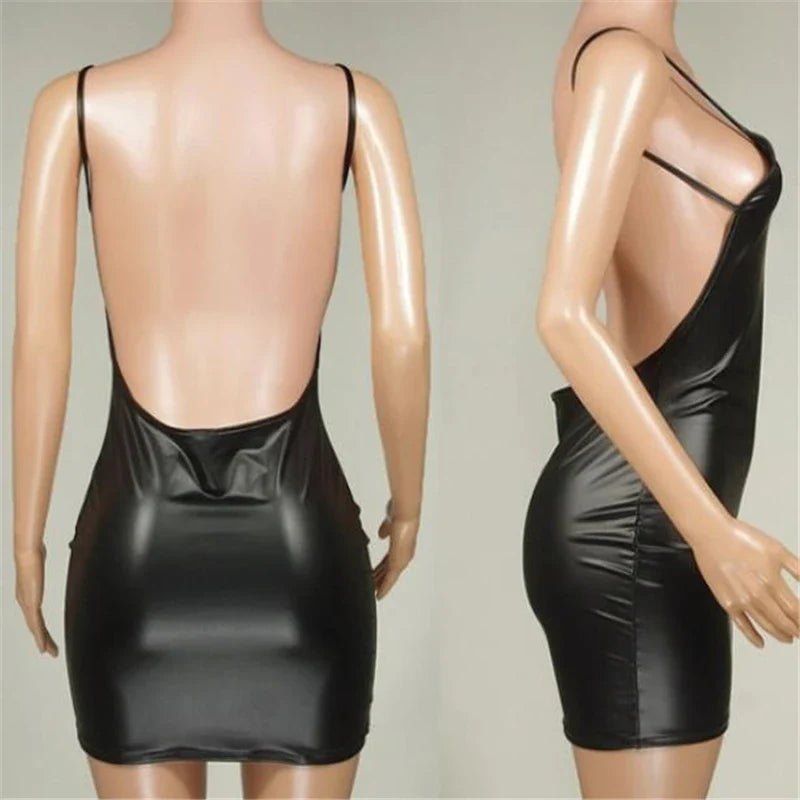 Sexy Faux Leather Backless Mini Dress - Solid Black Wet Look Bodycon Party Dress with Push Up Bra
