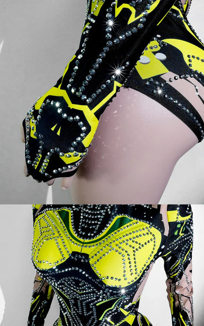 Sexy Sparkly Green Rhinestone Bodysuit – Stage Dance Costume for Party, Bar Show, Drag Queen, Cosplay & Halloween