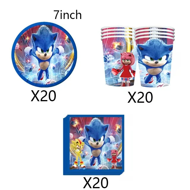Sonic Cartoon Party Supplies Set – Disposable Tableware with Plates, Cups, Napkins & Balloons for Boys’ Birthday & Baby Shower Decor